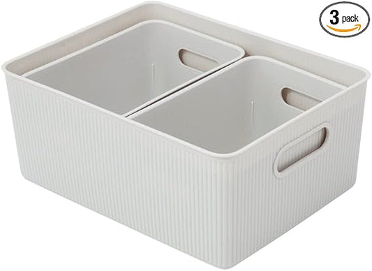 Set of 3 Ribbed Storage Bin 1x15L, 2x5L, White Smoke