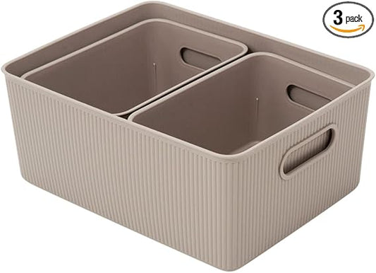 Set of 3 Ribbed Storage Bin 1x15L, 2x5L, Taupe