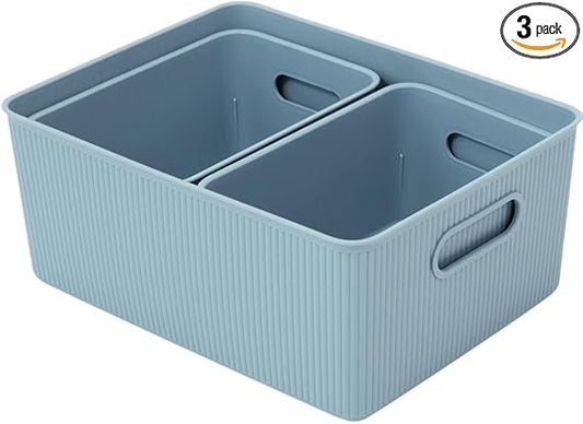 Set of 3 Ribbed Storage Bin 1x15L, 2x5L, Blue