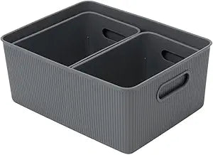 Set of 3 Ribbed Storage Bin 1x15L, 2x5L, Grey