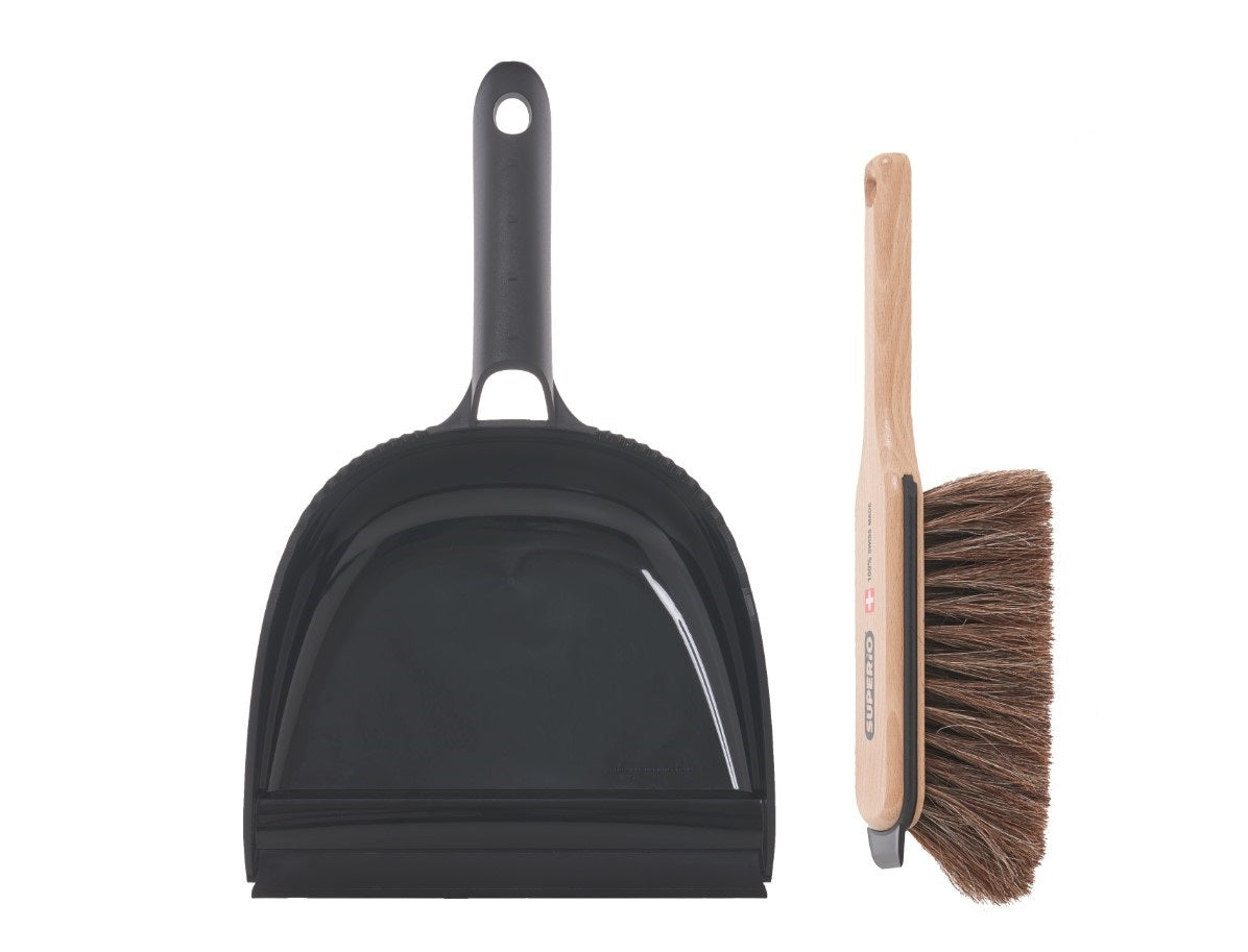 Dustpan and Brush Set- Hand Broom with Swiss Natural Horsehair Bristles