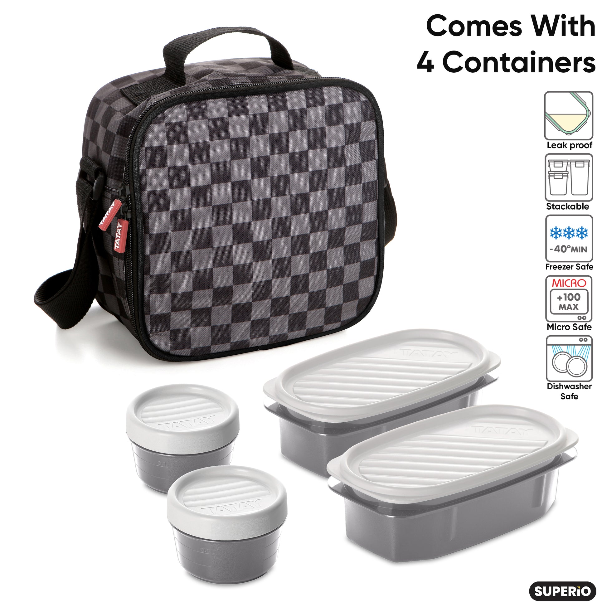 Insulated Lunch Bag with Food Containers, Grey Checkered – Superio